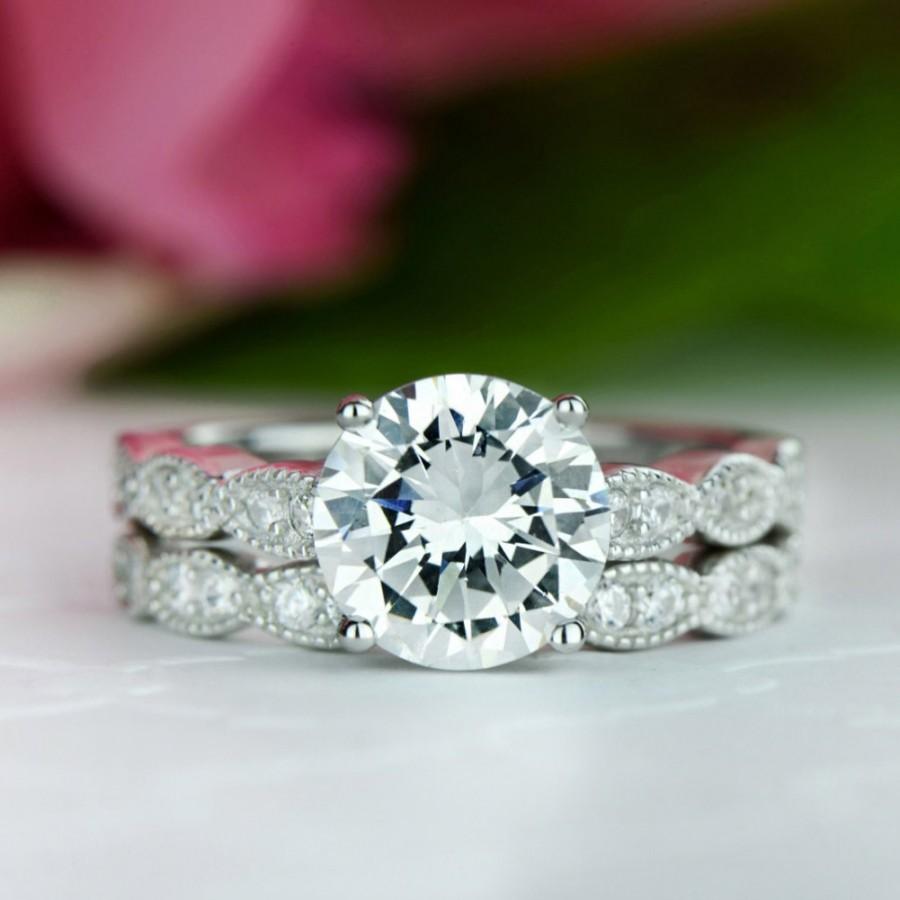زفاف - 3.25 ctw Vintage Inspired Wedding Set, Wide Art Deco Solitaire Ring, Bridal Engagement Ring, Man Made Diamond Simulants, Sterling Silver