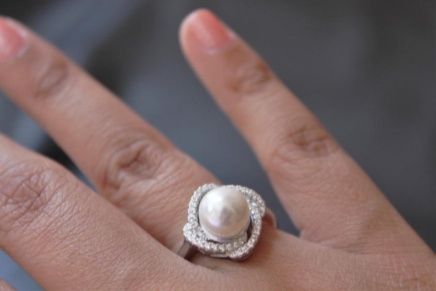 زفاف - Unique Silver Pearl Ring- Pearl Ring Floral Pearl Ring Silver Rings Gifts for her Silver Gifts Single Pearl Ring