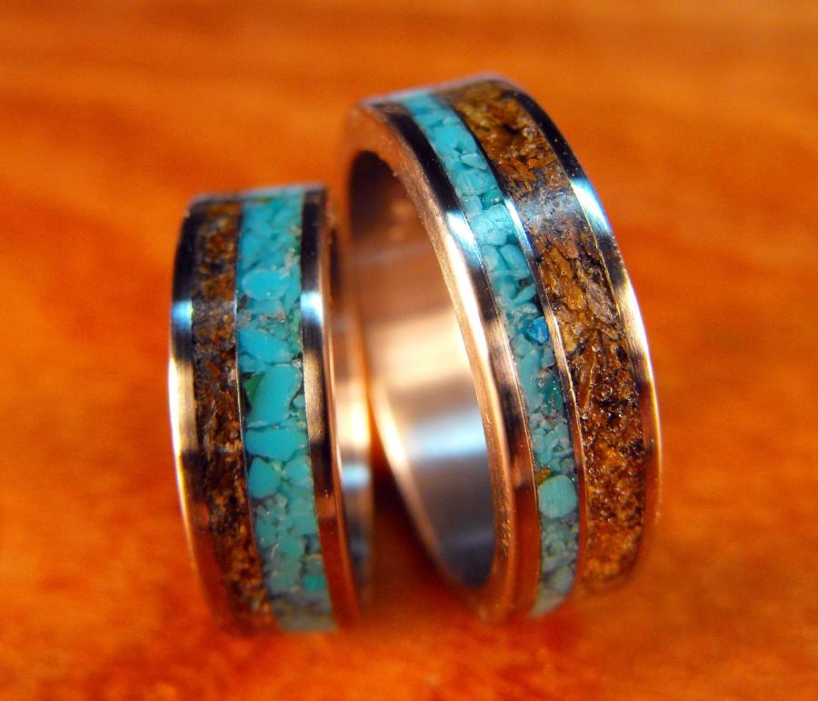 زفاف - Wedding Rings, Titanium with Tigers Eye and Turquoise, Titanium Ring, Tigers Eye Ring, Turquoise Ring, His and Hers Set, Custom Made Ring
