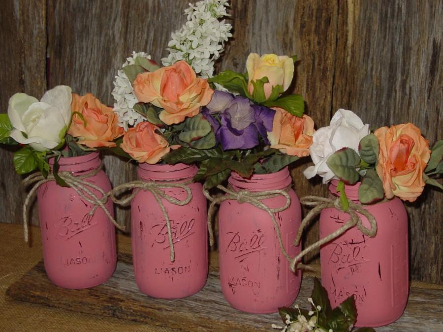 Hochzeit - Painted mason jar decorations centerpiece wedding vases rustic wedding cottage chic barn wedding centerpieces