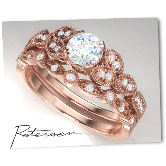 زفاف - SALE silver engagement ring set Silver - Round Cut - Eternity Band - Diamond Simulant - Rose Gold plating -