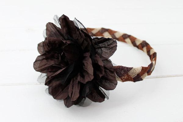 زفاف - Dionard - Chocolate, brown and cream Headband with detail of organza and tulle Flower