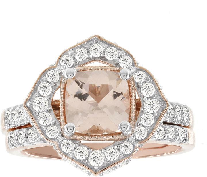 Hochzeit - MODERN BRIDE Blooming Bridal Genuine Cushion-Cut Morganite and Diamond 14K Rose Gold Bridal Ring Set