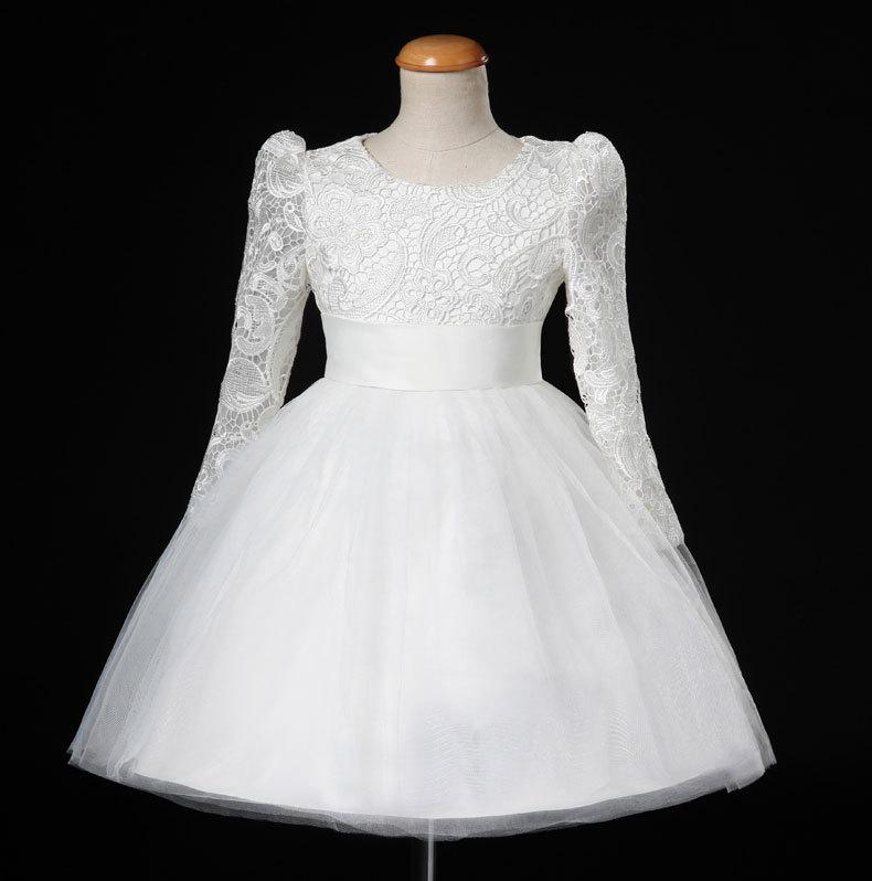 Свадьба - Puff Sleeves / Long Sleeve Lace Flower Girl Dress, Birthday Party Dress