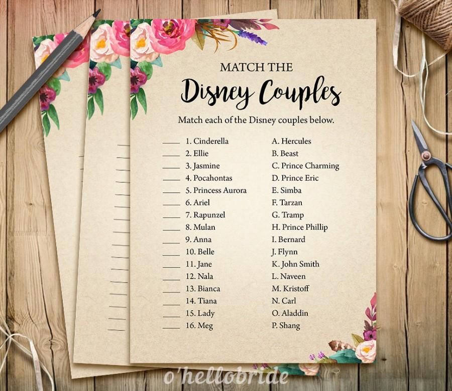 Свадьба - Disney Couples Match Game - Printable Boho Bohemian Bridal Shower Love Song Game  - Bridal Shower Party Game - Bachelorette Party Games 003