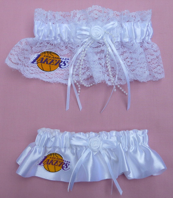 Hochzeit - Wedding Garter Set - Los Angeles Lakers LA Basketball Themed - Lace and Satin Bridal Garters