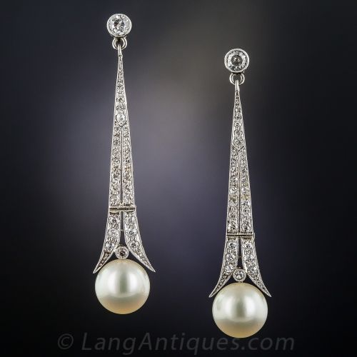 زفاف - Art Deco Pearl And Diamond Drop Earrings - 20-1-6501