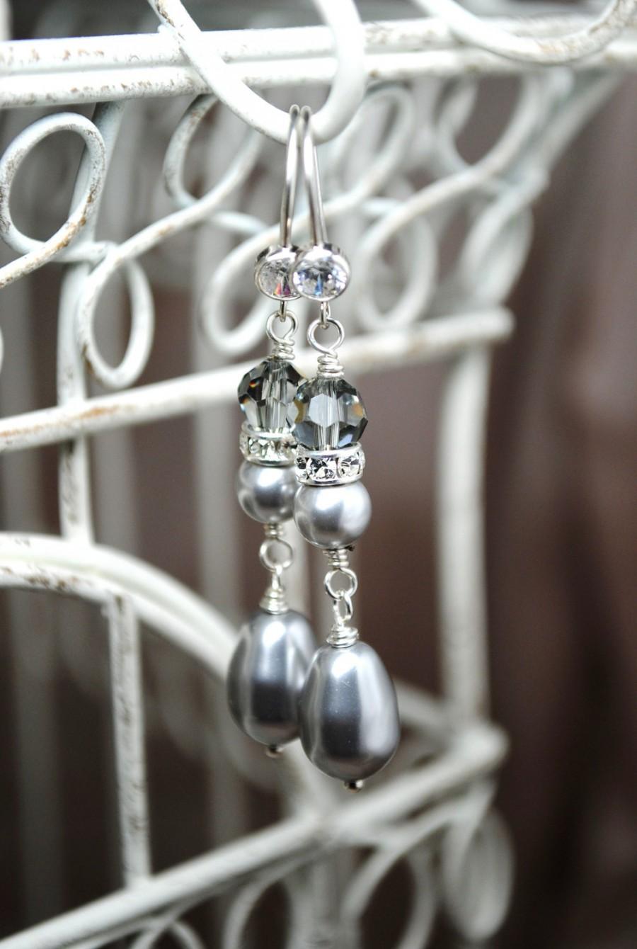 زفاف - Long Pearl Bridal Earrings, Light Grey Swarovski Dangle Earrings, Bridal Jewelry, Wedding Earrings, Special Occasion