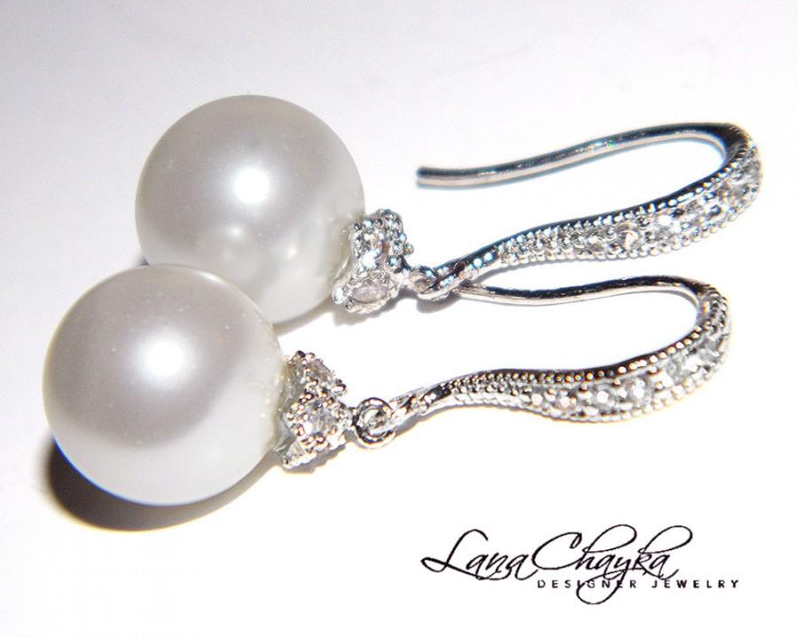 زفاف - White Pearl Drop Bridal Earrings Swarovski 10mm Pearl Wedding Earrings Sterling Silver CZ Pearl Dangle Earrings Wedding Pearl Bridal Jewelry - $28.00 USD