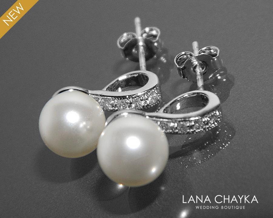 Hochzeit - White Pearl Bridal Earrings Small Pearl CZ Earring Studs Swarovski 8mm Pearl Sterling Silver Posts Earrings Wedding Jewelry Bridal Jewelry - $24.90 USD