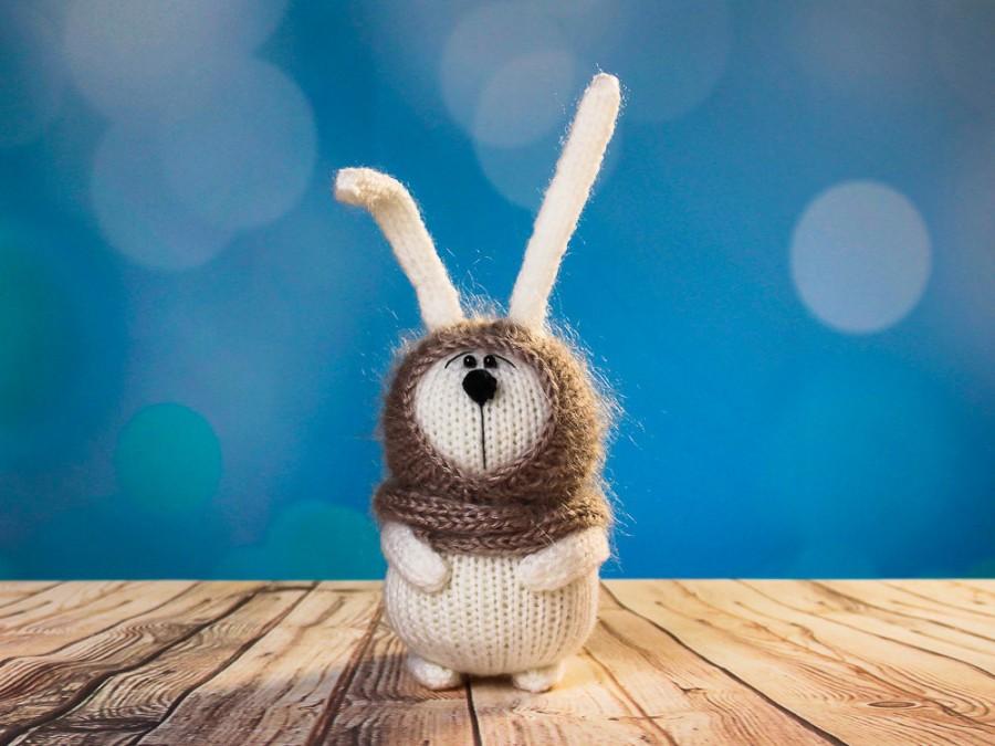 زفاف - Knitted bunny in cappuccino scarf. Headscarf. White bunny. Knitted toy. Soft toy. Cute bunny. Honey bunny. Miniature toy. Tiny mascot.