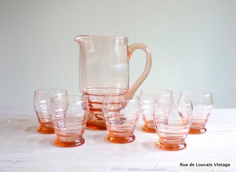 Wedding - Pink Art Deco glass carafe and six glasses, vintage drinks  set, pink glass pitcher and glasses