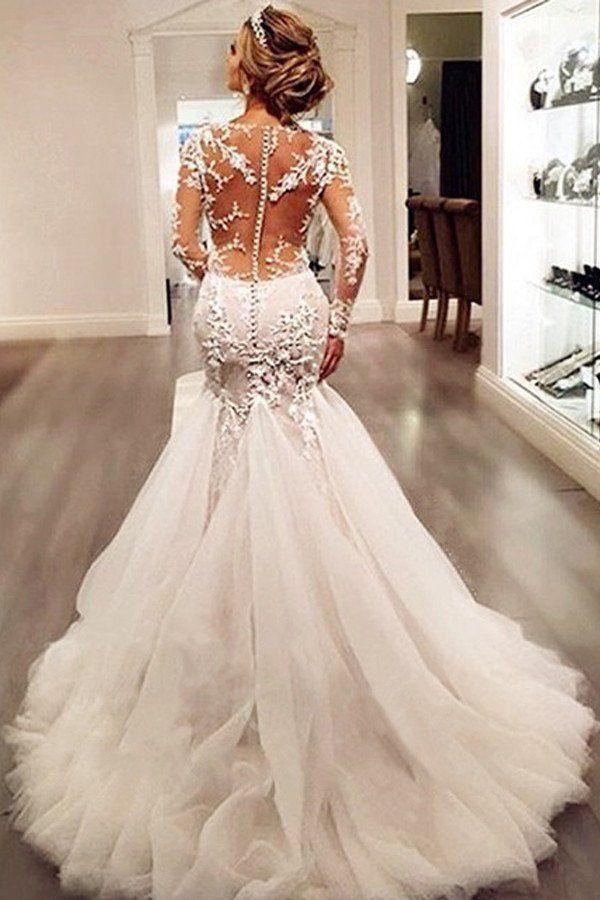 Mariage - Long Sleeve Lace Mermaid Wedding Dresses, Sexy See Through Long Custom Wedding Gowns, Affordable Bridal Dresses, 17101