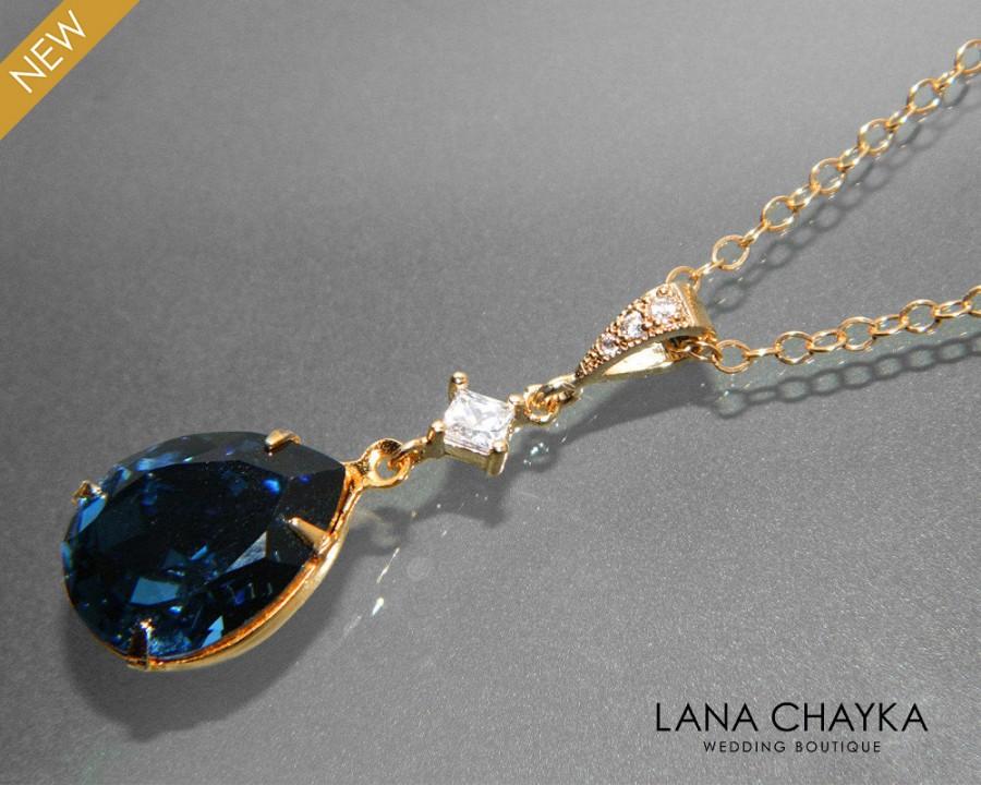 Mariage - Navy Blue Gold Crystal Necklace Blue Gold Teardrop CZ Necklace Swarovski Montana Rhinestone Necklace Wedding Bridal Dark Blue Gold Jewelry - $27.00 USD