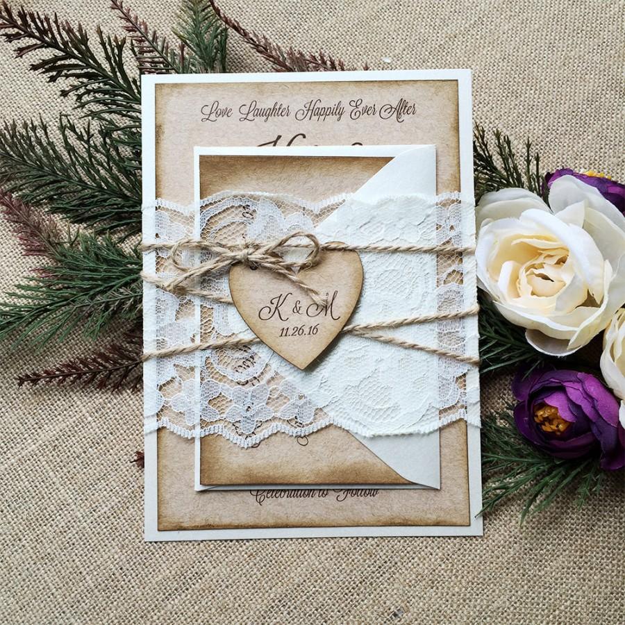 Hochzeit - KATI - Burlap & Lace Wedding Invitation - Rustic Country Invitation with Ivory Lace Wrap and Kraft Heart - Lace Belly Band - Antiqued Edges