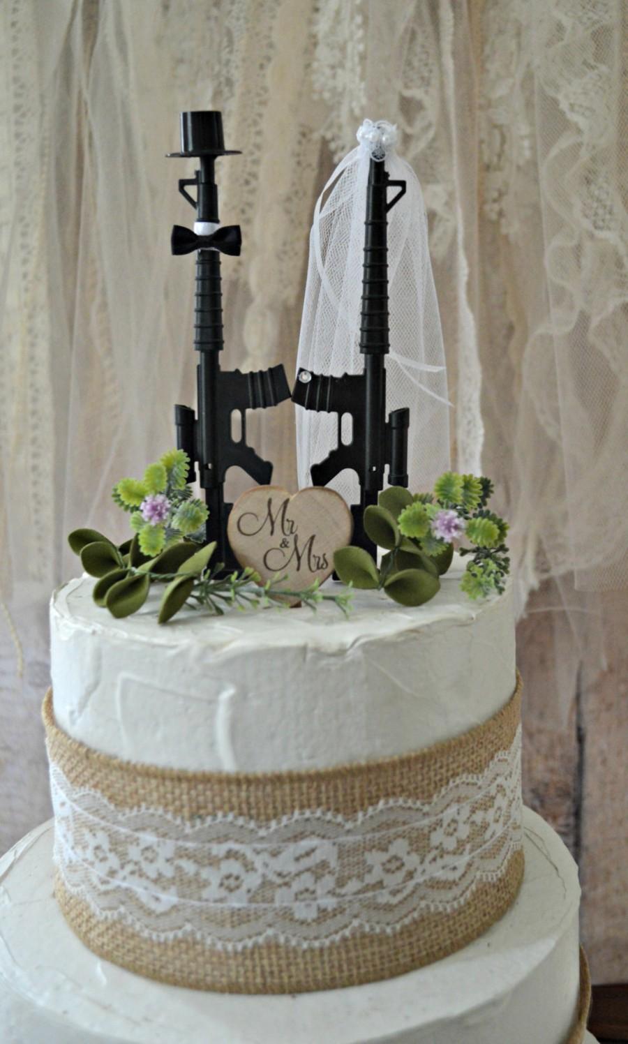 Wedding - Machine gun weapon wedding cake topper army police themed hunting groom's cake Mr & Mrs sing the hunt is over gun decorations military sign