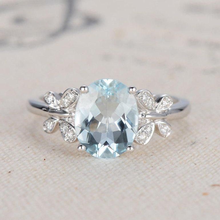 زفاف - Oval Engagement Ring White Gold Aquamarine Ring Diamond Butterfly March Birthstone Anniversary Micro Pave Oval Cut Wedding Bridal Ring