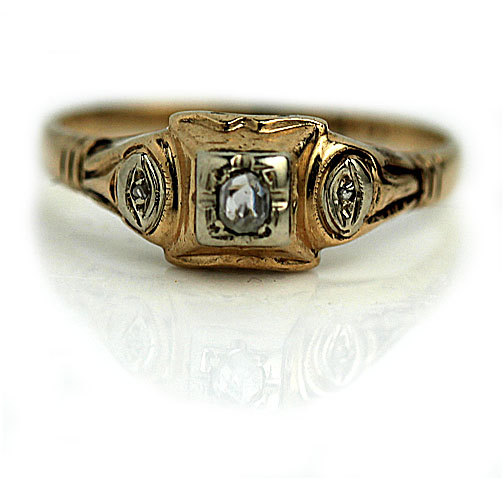 زفاف - Simple Diamond Ring .10ctw Antique Simple Engagement Ring Antique Diamond Ring Dainty Diamond Ring 1940s 14K Two Tone Ring Size 5.5!