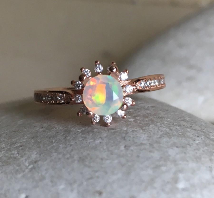 زفاف - Fire Opal Rose Gold Ring- Opal Engagement Ring- Promise Ring- Wedding Ring- Halo Ring- Rose Gold Ring- Bridal Ring- October Birthstone Ring