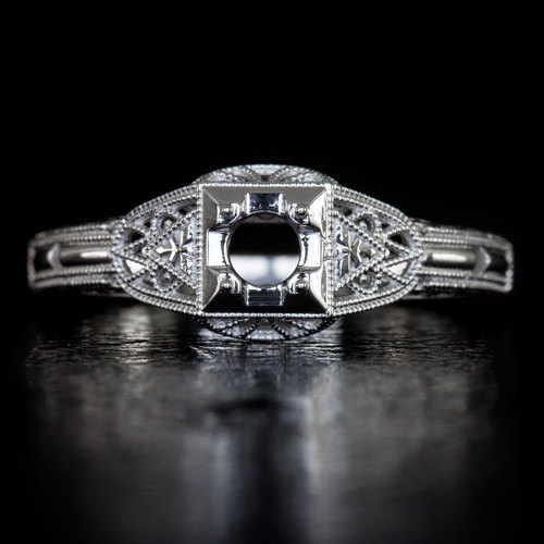 زفاف - 1920's Vintage Inspired Art Deco Diamond Setting Round Antique Filigree Milgrain Semi-Mount 14K White Gold Ring 3mm Ideal 3981