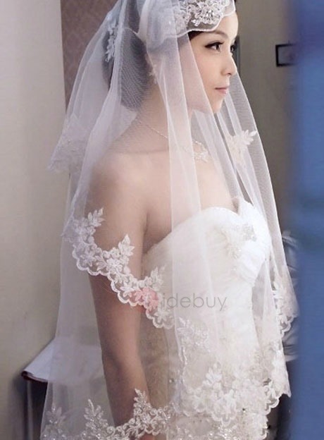Wedding - Dramatic Waltz Length White Tulle Wedding Veil with Appliques Edge