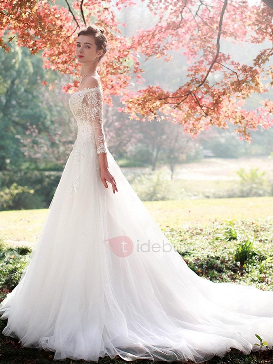 Mariage - Charming Appliques Off The Shoulder A Line Long Sleeves Wedding Dress