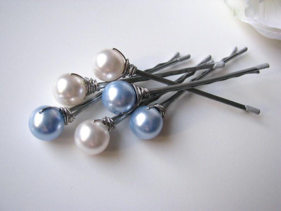 Hochzeit - Blue and White Hair Pearl Pins Set Swarovski