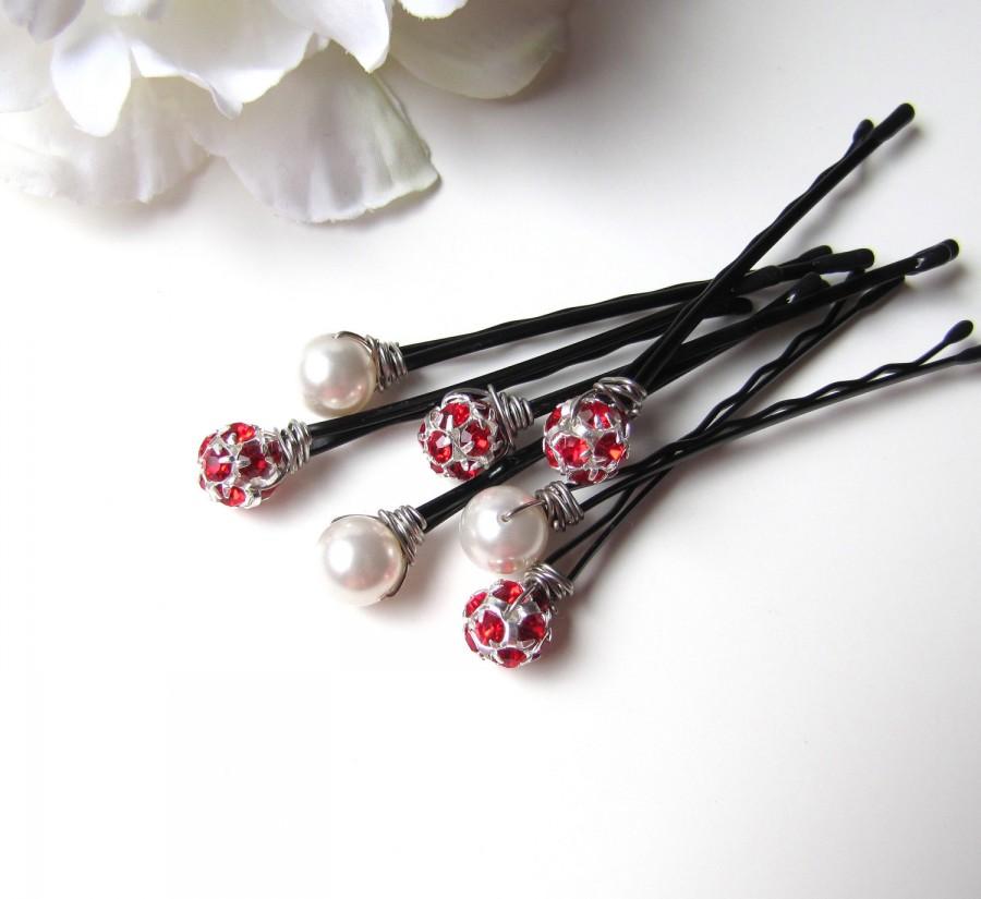 Mariage - Red and White Wedding Hair Pins Set