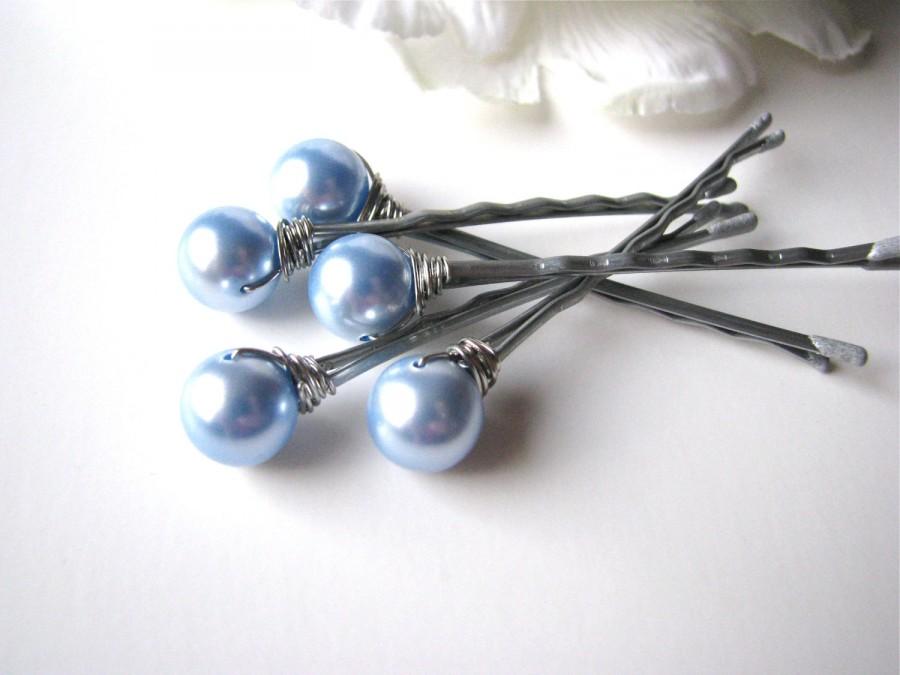 Hochzeit - Blue Pearl Hair Pins 10mm Swarovski