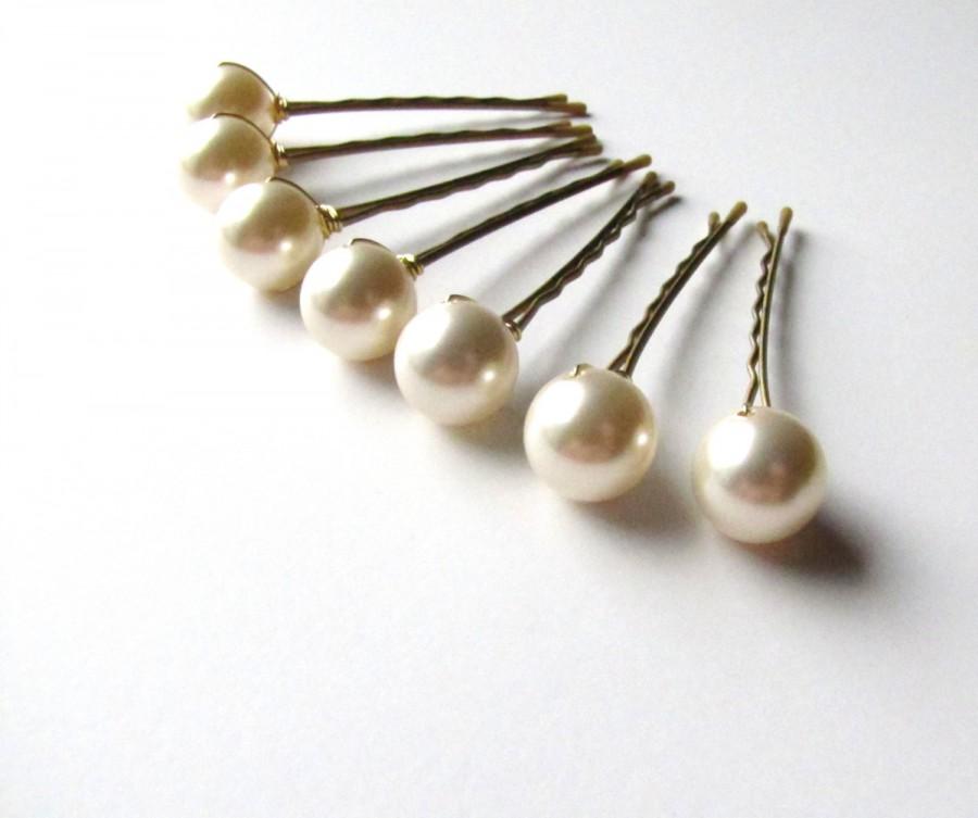 Mariage - Large Hair Pin Pearls, Cream Ivory Swarovski, Wedding Bridal Hairpins 14mm