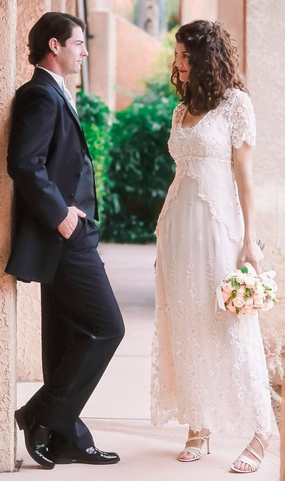 Wedding - Lace Wedding Dress With Embroidered Tulle, Cap Sleeves And Empire Waist. Casual Wedding Dress. Backyard Wedding Dress. Plus Sizes Available