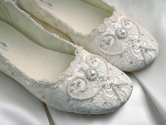 زفاف - Wedding Shoes - Rachel Bridal Ballet Flat, Vintage Lace, Swarovski Crystals, Pearls, Custom Handmade Women's Wedding Flats, By Pink2Blue
