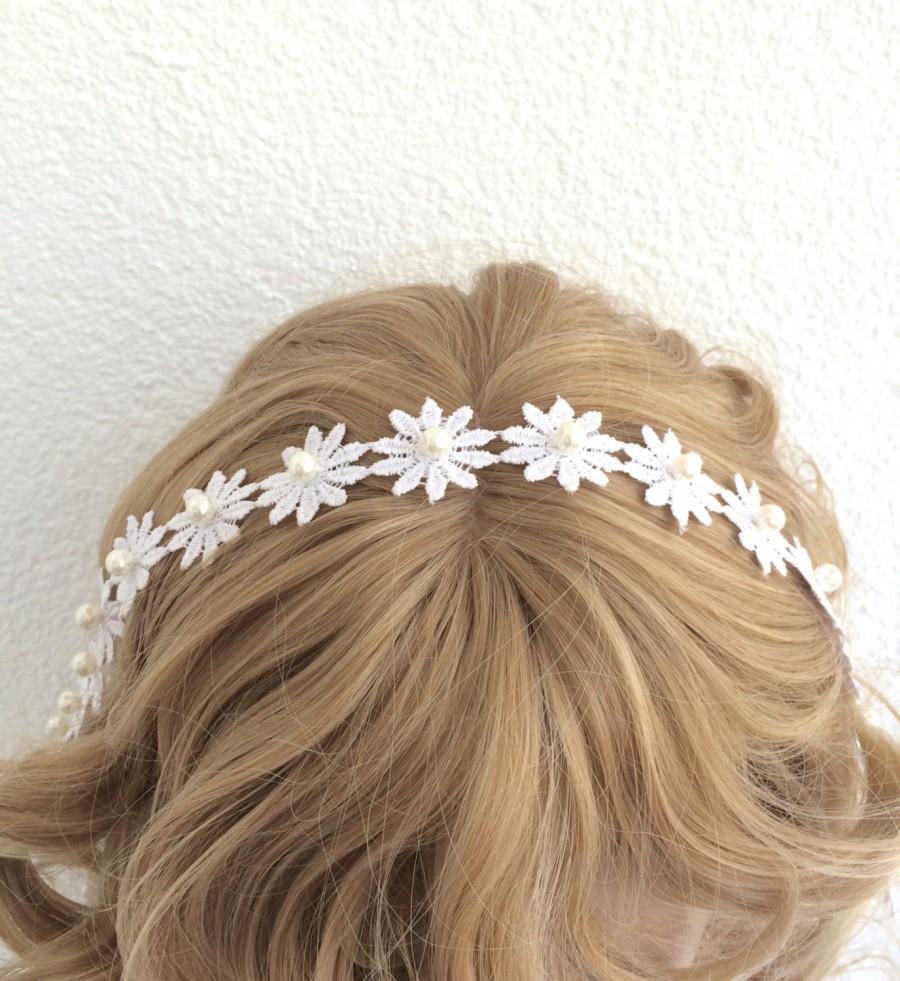 زفاف - Bridal Headwrap, Daisy Headband, Pearl Hairband, Wedding Lace Headband, Embroidered Hairband, Bridal Headpiece, Hair Jewelry, Women's Gift