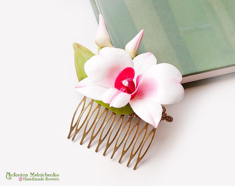 Свадьба - Comb Orchid Dendrobium  - Polymer Clay Flowers -  - Wedding Accessories - Wedding Hair Comb - Bridal Hair Comb - Bridal Hair Piece