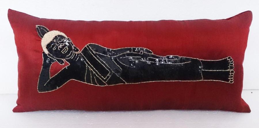 Wedding - modern deep red metallic buddha sequins figurative pillow in size 9 x 20 inches provided with the filler,gift,earthy,yoga silk pillow
