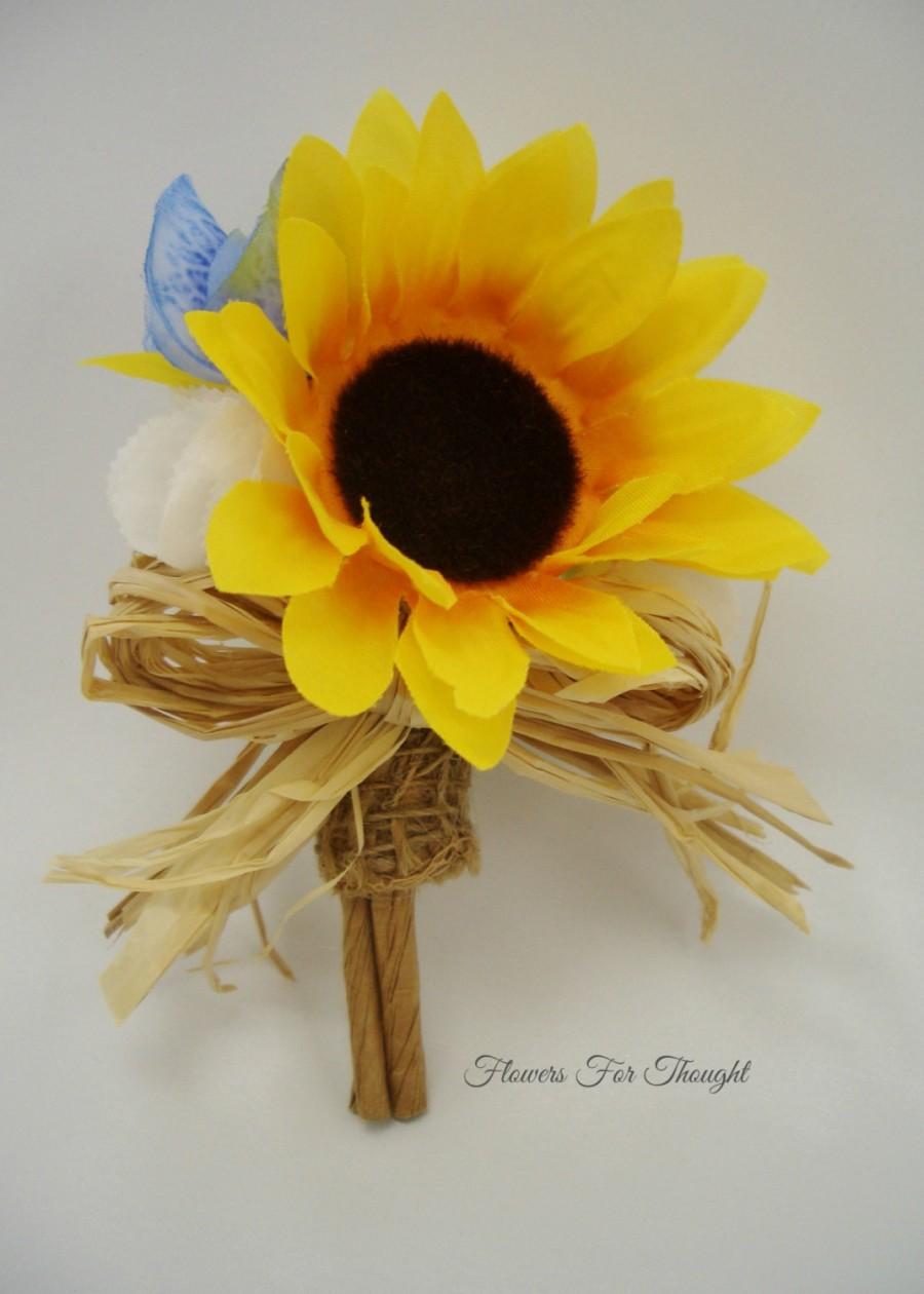 Wedding - Sunflower Burlap Boutonniere,Rustic Woodland Wedding,Straw Bow Mens Flower Buttonhole,FFT original, Made to order