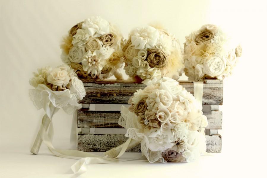 Hochzeit - Tans ivory bouquet set, bridal bouquet, bridesmaids bouquets, boho wedding, natural colors bouuqet