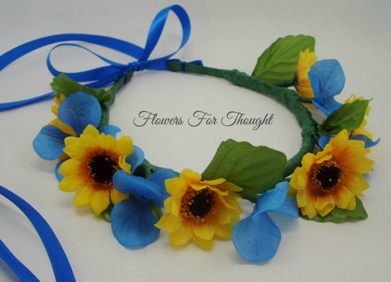 Hochzeit - Sunflower Crown , Flowergirl Bride Headband, Yellow blue flower halo