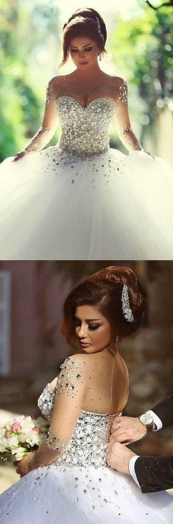 زفاف - White Wedding Dress With Sheer Long Sleeves Beaded Crystals Wedding Dresses Ball Gown Corset Tulle Beautiful Gown