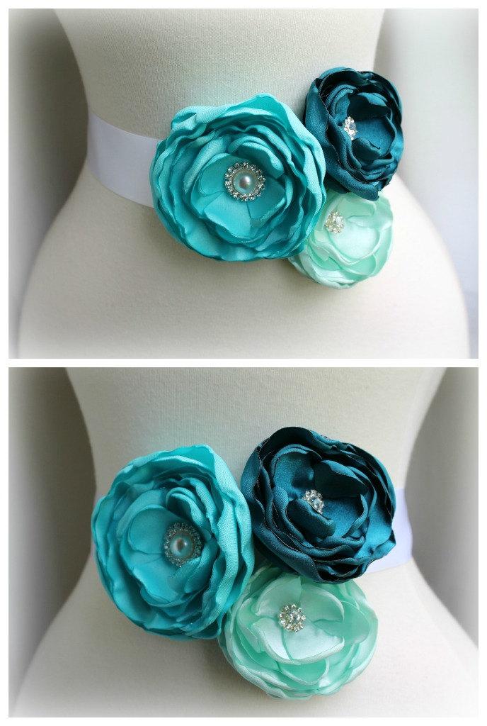 زفاف - Bridal Floral Sash Belt - Teal Turquoise Aqua Blue - Crystal Rhinestone Pearl - Bridesmaids Sashes - Romantic Wedding - Many Colors