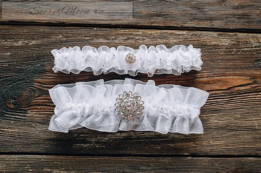 Hochzeit - Wedding garter set Tulle bridal garter Organza garter satin ribbons White garter Rhinestone Bridal Garter with brooch popular accessory
