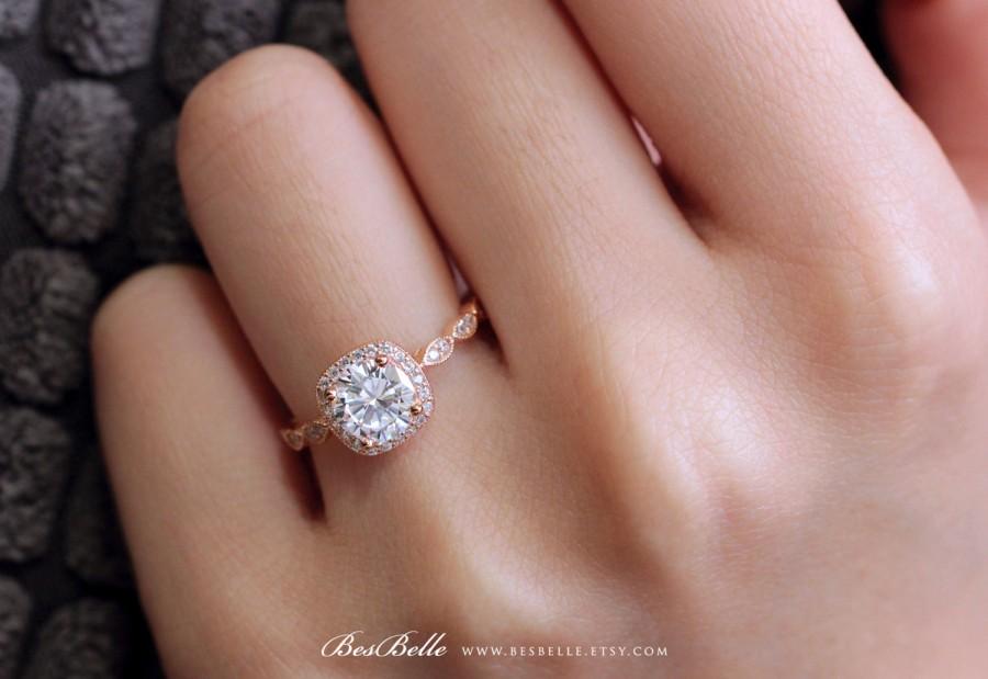 زفاف - 1.25 ct.tw Art Deco Ring-Halo Engagement Ring-6.0mm Center Brilliant Cut-Elegant Bridal Ring-Rose Gold Plated-Sterling Silver [5553RG-1]