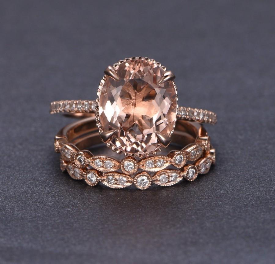 زفاف - Limited Time Sale 2 carat Morganite and Diamond Trio Ring Set in 10k Rose Gold with One Engagement Ring and 2 Wedding Bands