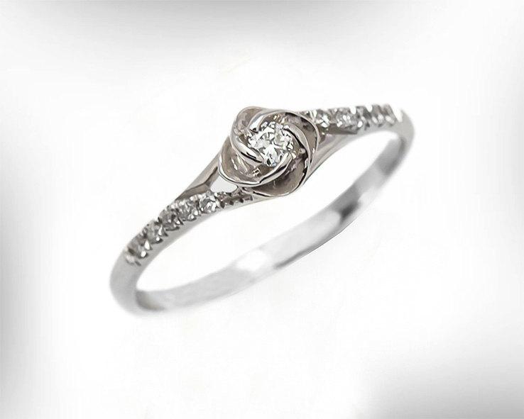 زفاف - Rose Engagement Ring, 14K / 18K White Gold Diamond Engagement Ring, Women Vintage Engagement Ring, Unique engagement Ring Set, Free Shipping