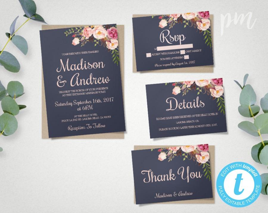 Свадьба - Blue Floral Wedding Invitation Template Set, Floral Wedding Invite, Instant Download, Printable Invitation, Easy to Edit Wedding Invites