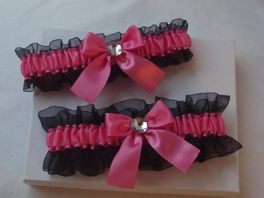 Wedding - Wedding Garter Set - Hot Pink Garters and Black Sheer Organza with Rhinestones