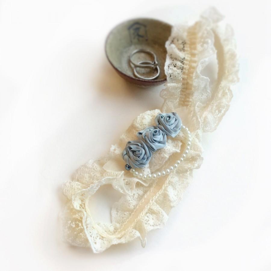 Hochzeit - Vintage wedding garter, cream vintage-style lace, Something Blue roses and a strand of pearl beads, bridal lingerie, bride to be gift