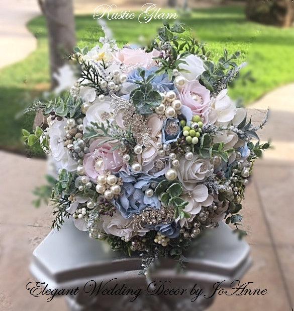 Mariage - RUSTIC WEDDING BOUQUET - 499, Vintage Blue and Ivory Brooch Bouquet, Jeweled Bouquet, Brooch Bouquet, Winter Bouquet, Deposit