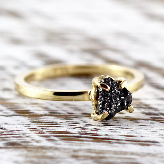 Wedding - Black Diamond Engagement Ring Rough Uncut 14k Gold Delicate Rings