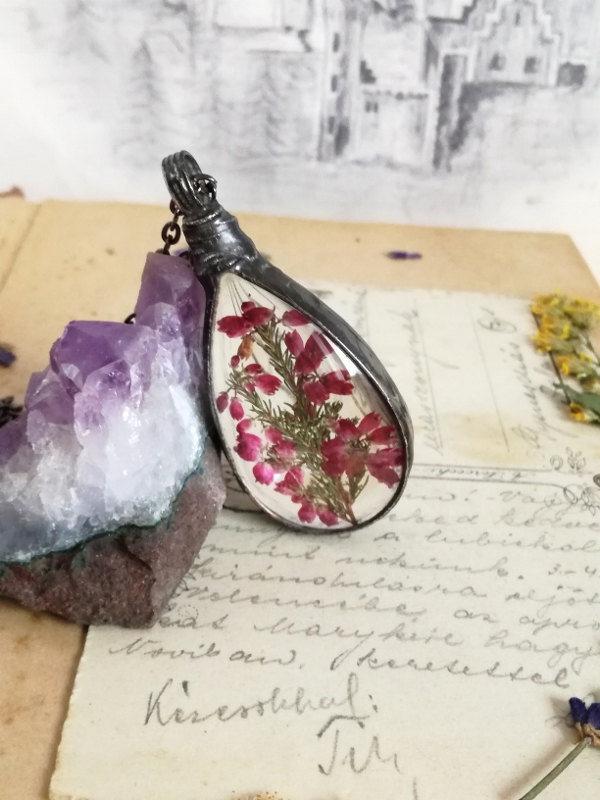 Wedding - Terrarium Necklace, Floral Jewelry, Heather necklace, dry flower necklace, Bohemian necklace, woodland necklace,Gift for her,BUSTANI